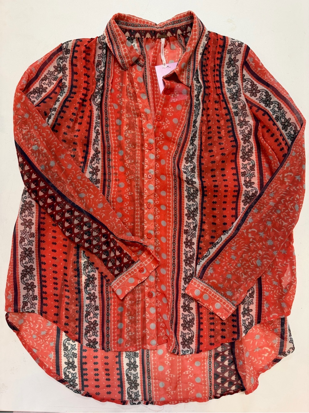 Free People Coral Multi-Pattern Button-Up Blouse